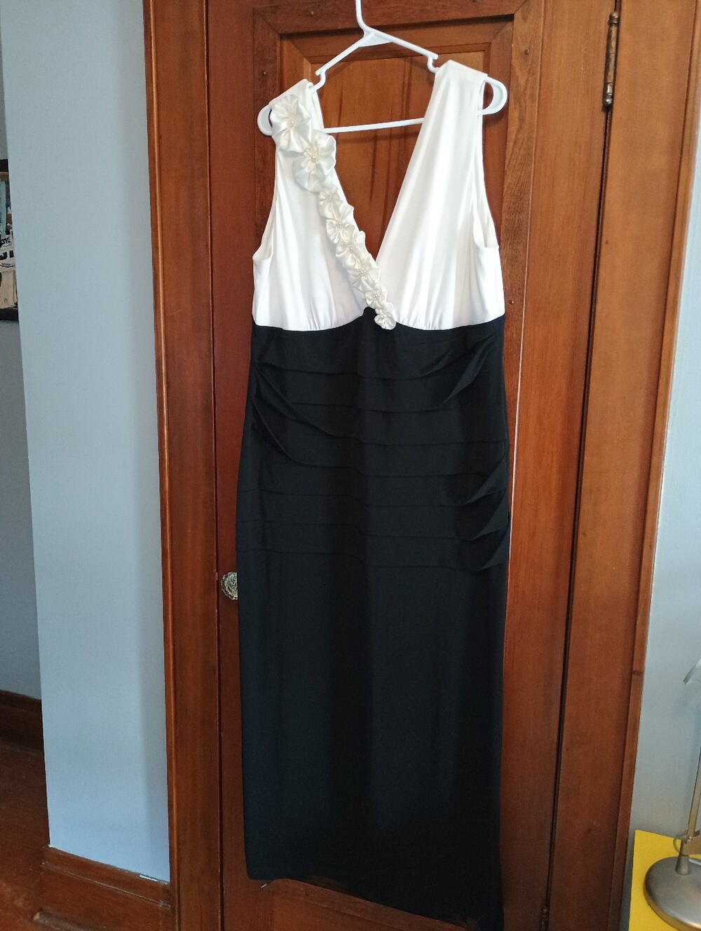 Dressbarn Black and White Evening Gown with Floral Trim